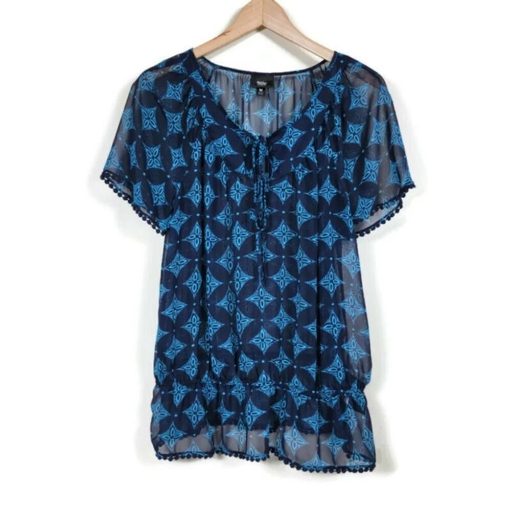 Mossimo Supply Co Sheer Geometric Blouse Womens Size M Blue Boho Pom Pom